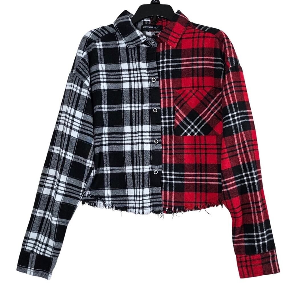 Streetwear Society Plaid Flannel Shirt Womens XL Cropped Patchwork Button Down